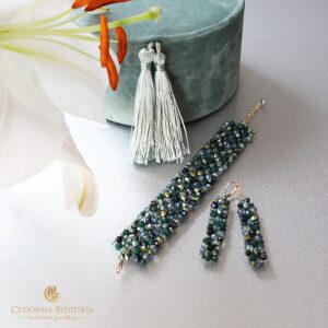 TOKA szeroka bransoletka i piękne kolczyki - mix kolorystyczny zieleń ze złotem