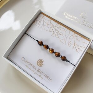 Bransoletka MINI czarny sznureczek i kamienie Tygrysie Oko