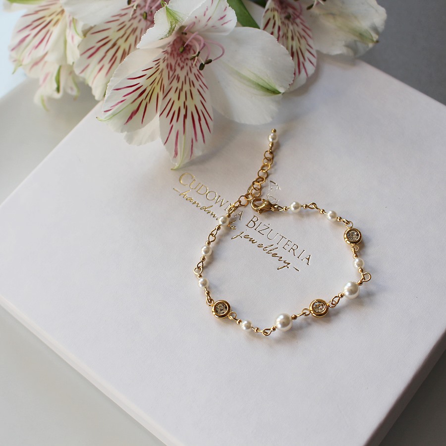 Bransoletka ślubna perły i cyrkonie NEL