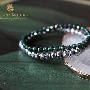 Zestaw bransoletek kryształowa butelkowa zieleń i srebro hematytu