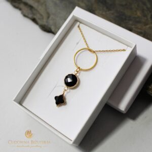 Naszyjnik BLACK czarne kryształy i złota stal szlachetna