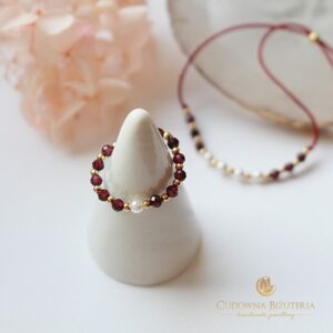 Bransoletka i pierścionek SILK granat i perła Majorka plus stal szlachetna