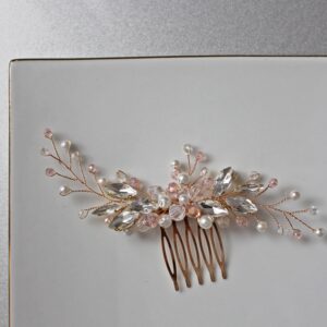 Złota ozdoba do włosów na grzebieniu z dodatkiem różowych kryształów FIONA