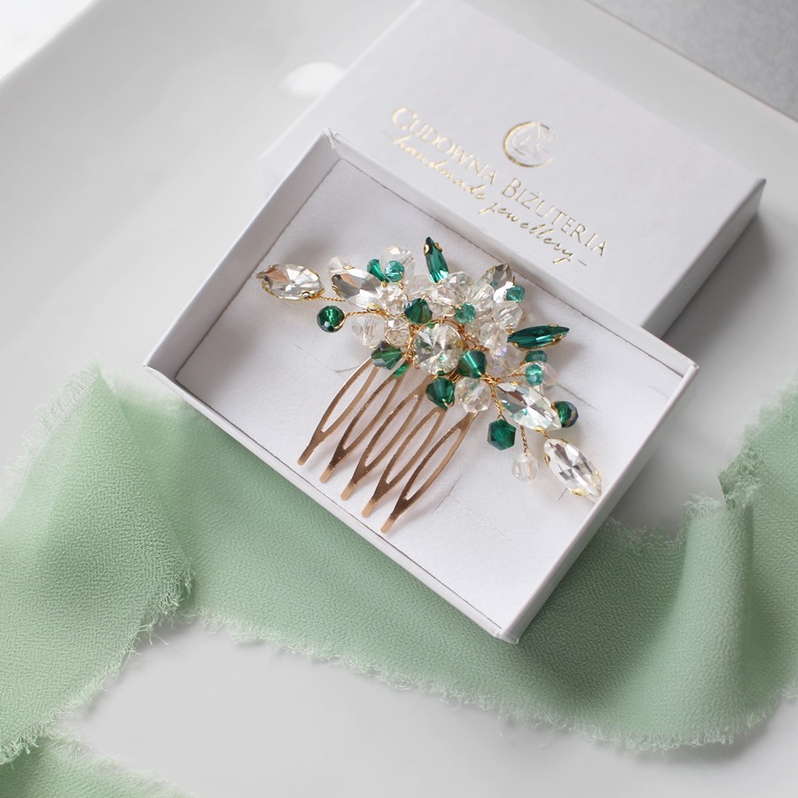 Złoty grzebień ślubny z dodatkiem butelkowej zieleni ALICE