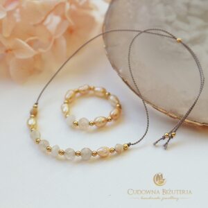 Zestaw bransoletka SILK i pierścionek Kamień Księżycowy i kremowe perły