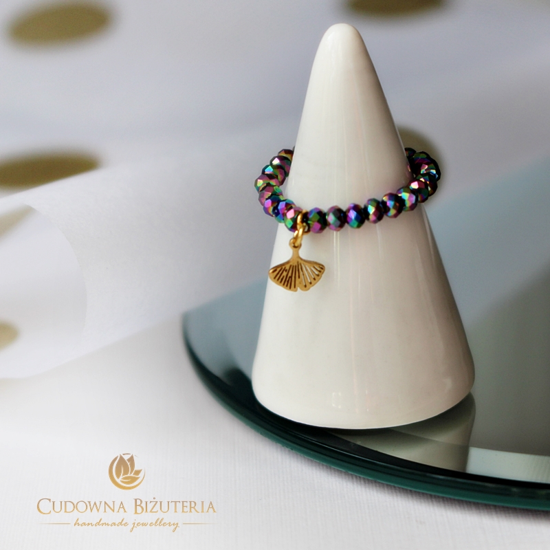 Pierścionek kryształowy multikolor z zawieszką Miłorząb