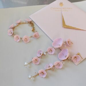 FLORINES różowa bransoletka i kolczyki z motywem kwiatowym