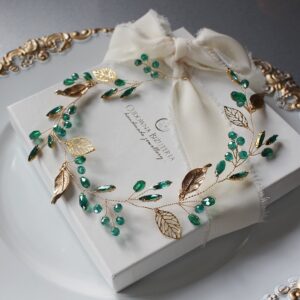 Wianek, opaska do włosów butelkowa zieleń z listkami