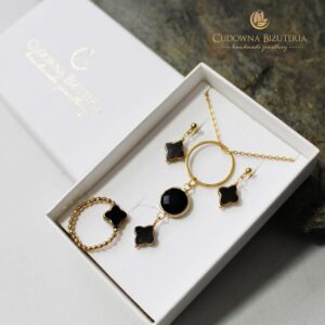 Naszyjnik BLACK czarne kryształy i złota stal szlachetna