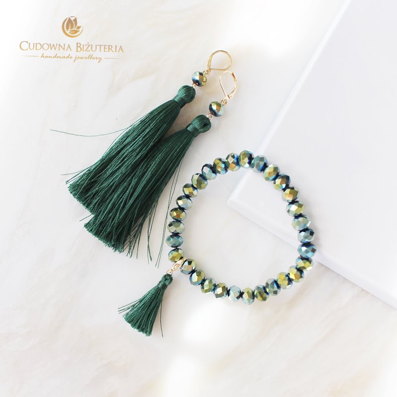 MOLLY butelkowa zieleń bransoletka i długie kolczyki