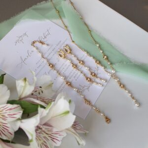 Zestaw biżuterii ślubnej perły i cyrkonie NEL naszyjnik bransoletka kolczyki