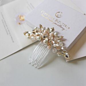 Grzebień ślubny do włosów z kremowymi kryształami i perełkami ALICE