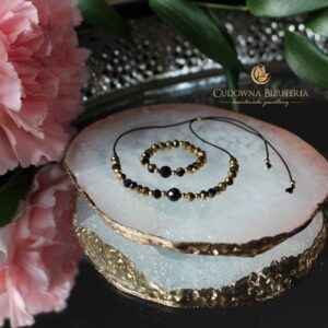 Bransoletka w zestawie z pierścionkiem z kolekcji SILK kryształy czarne ze złotem i turmalin